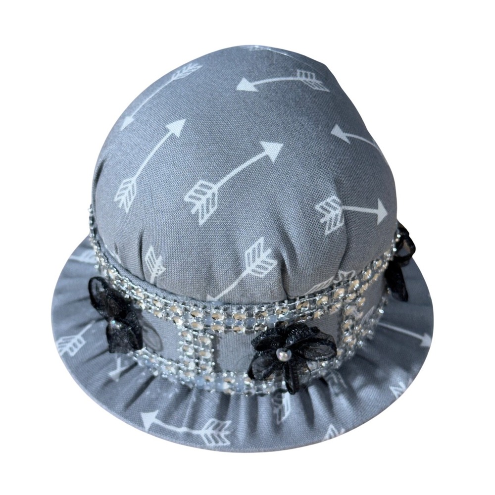 Handmade Gray Arrow Top Hat Pin Cushion Rhinestone Floral Sewing Decor